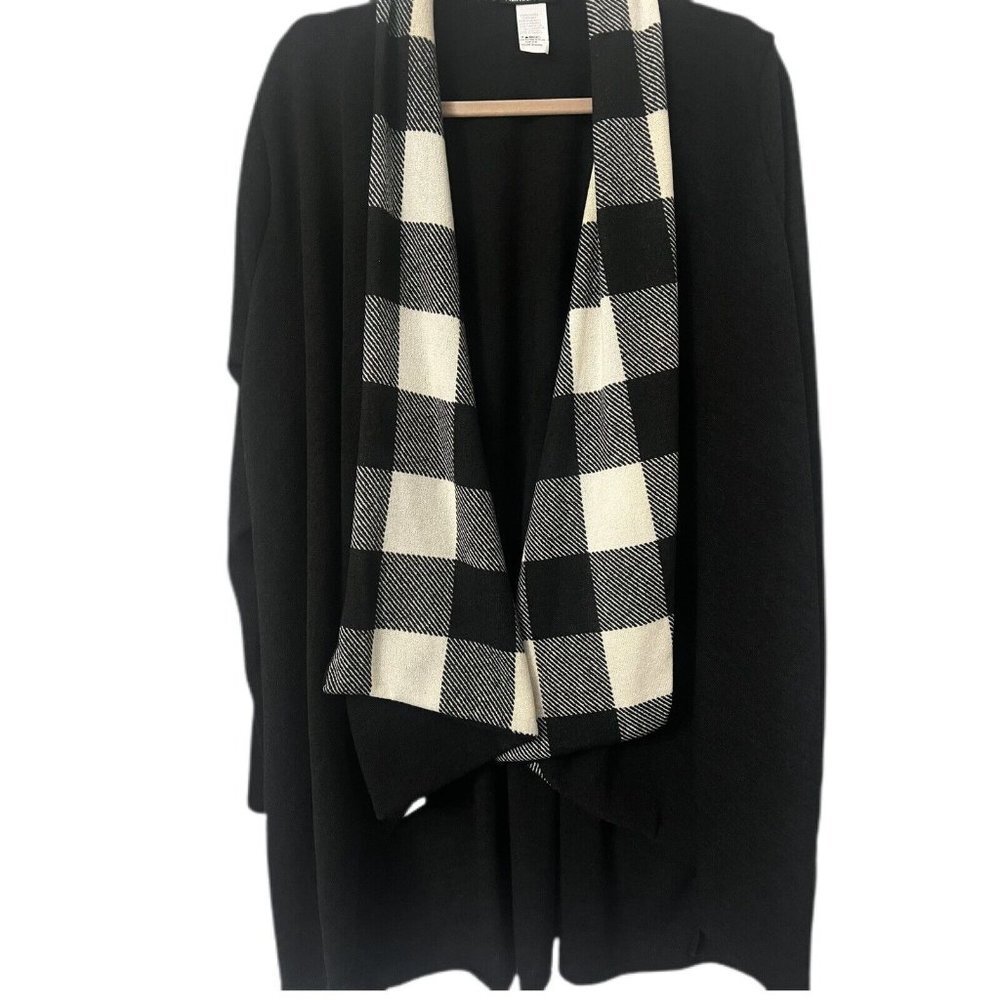 Heimish Womens Cardigan Jacket 3X Black Cream Plaid Hacci Knit Open Front SJ1096